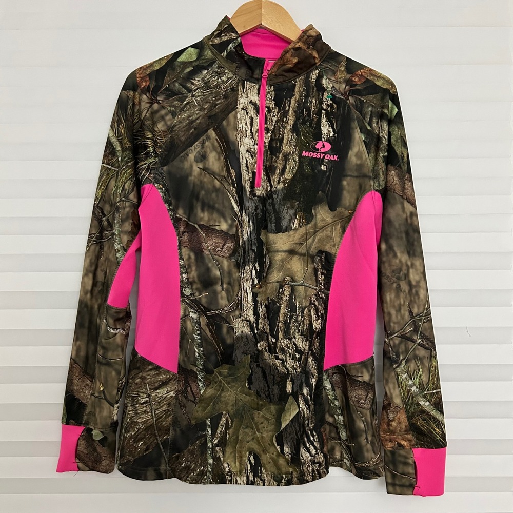 Mossy Oak Womens Camo Quarter Zip Pullover Pink Accents Thumbholes Size L 42-44